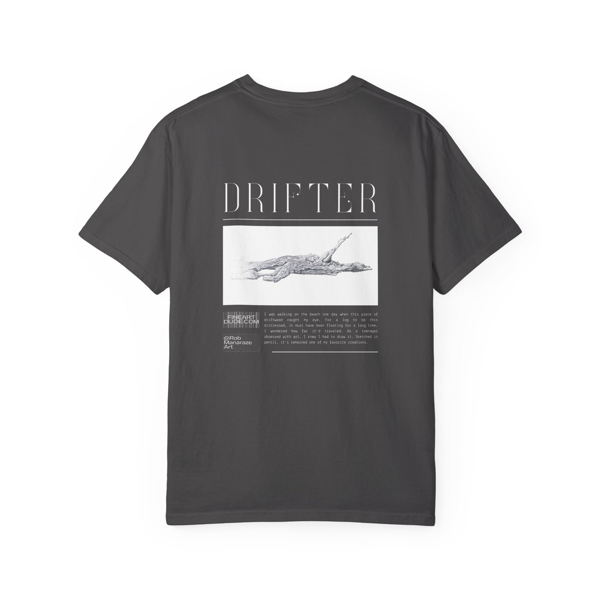 Black t-shirt with graphic design and 'DRIFTER' text on a white background