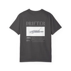 Black t-shirt with graphic design and 'DRIFTER' text on a white background