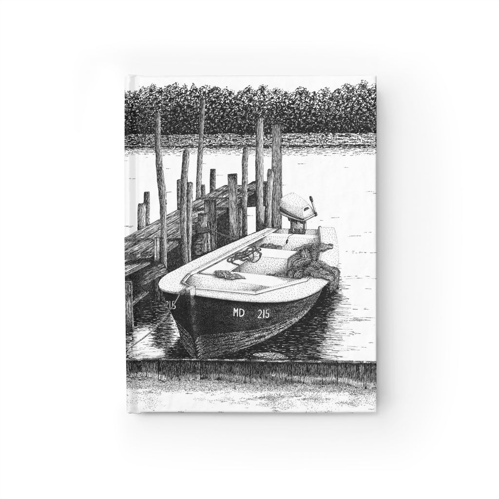Black and white illustration of a boat docked at a pier with trees in the background.